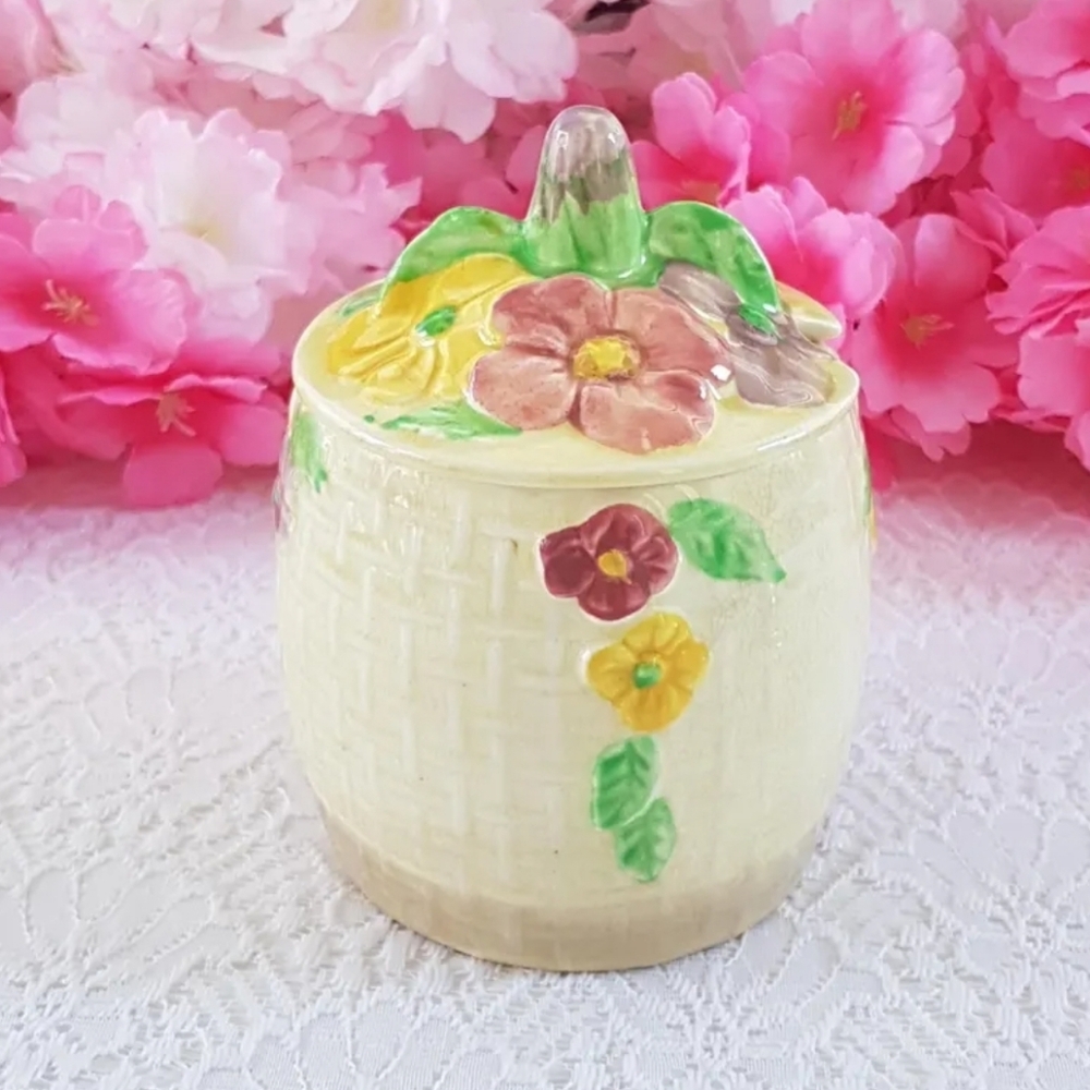 Wade Heath England Majolica Floral Sugar Bowl with Lid - Ceramic Condiment Jar
